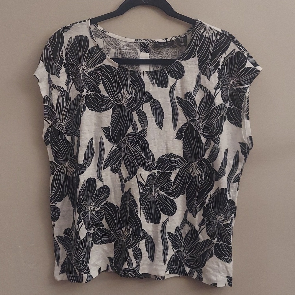 NWT TAHARI 100% Luxe Linen Black And White Floral Back Button Down Pullover Top - Picture 2 of 11